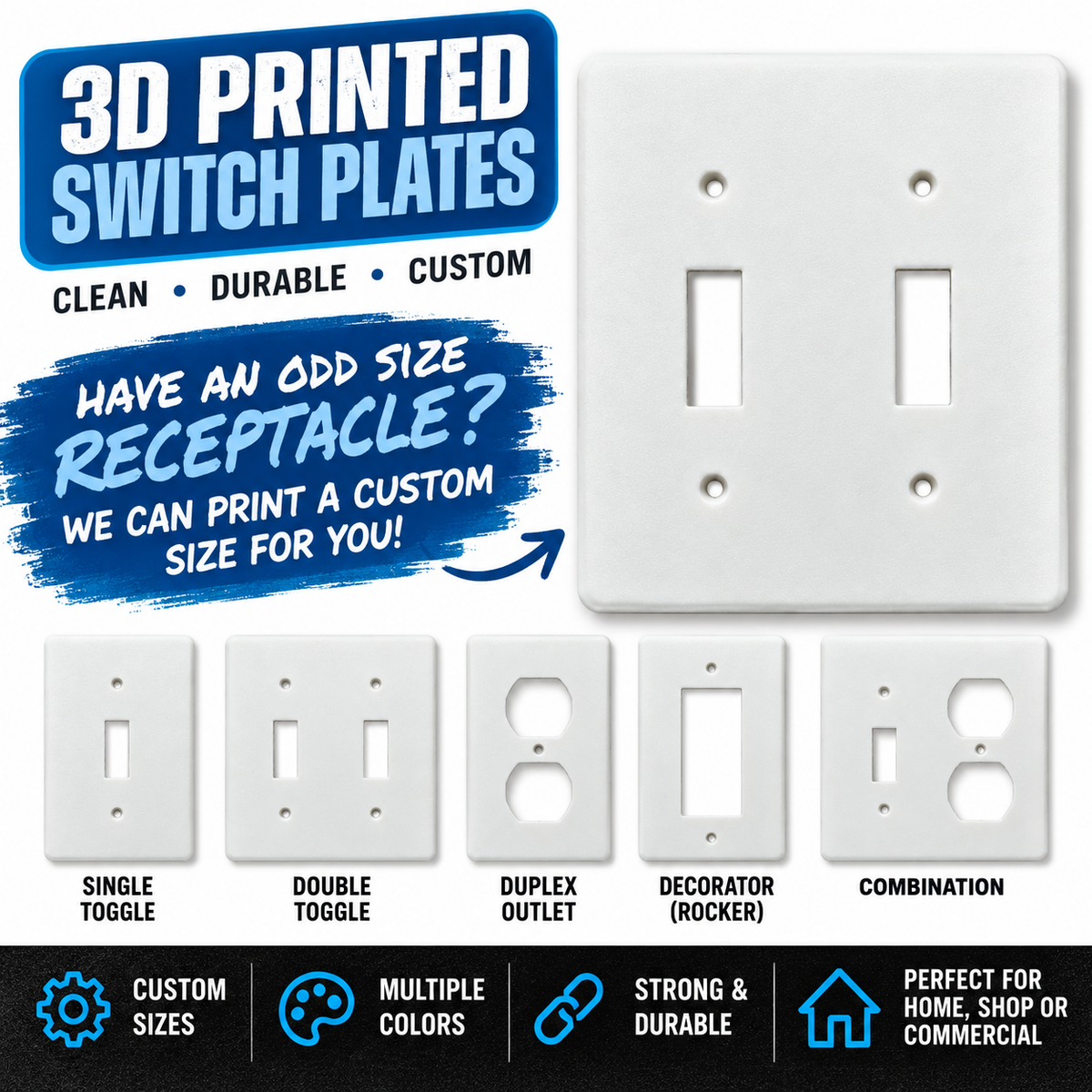 Custom 3D printed switch plates in custom sizes and configurations