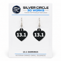 Black 13.1 half marathon earrings on Silver Circle 3D Works display card, one pair