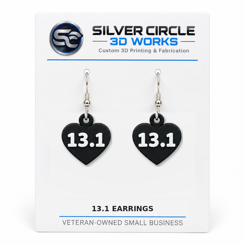 Black 13.1 half marathon earrings on Silver Circle 3D Works display card, one pair