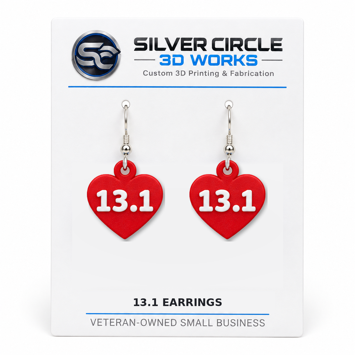 Red 13.1 half marathon earrings on Silver Circle 3D Works display card, one pair