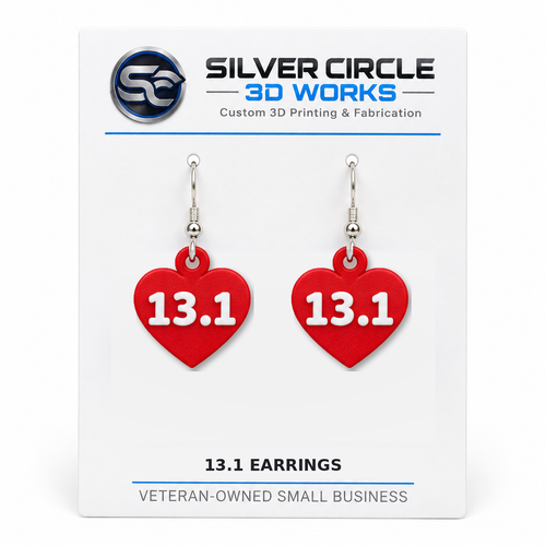 Red 13.1 half marathon earrings on Silver Circle 3D Works display card, one pair