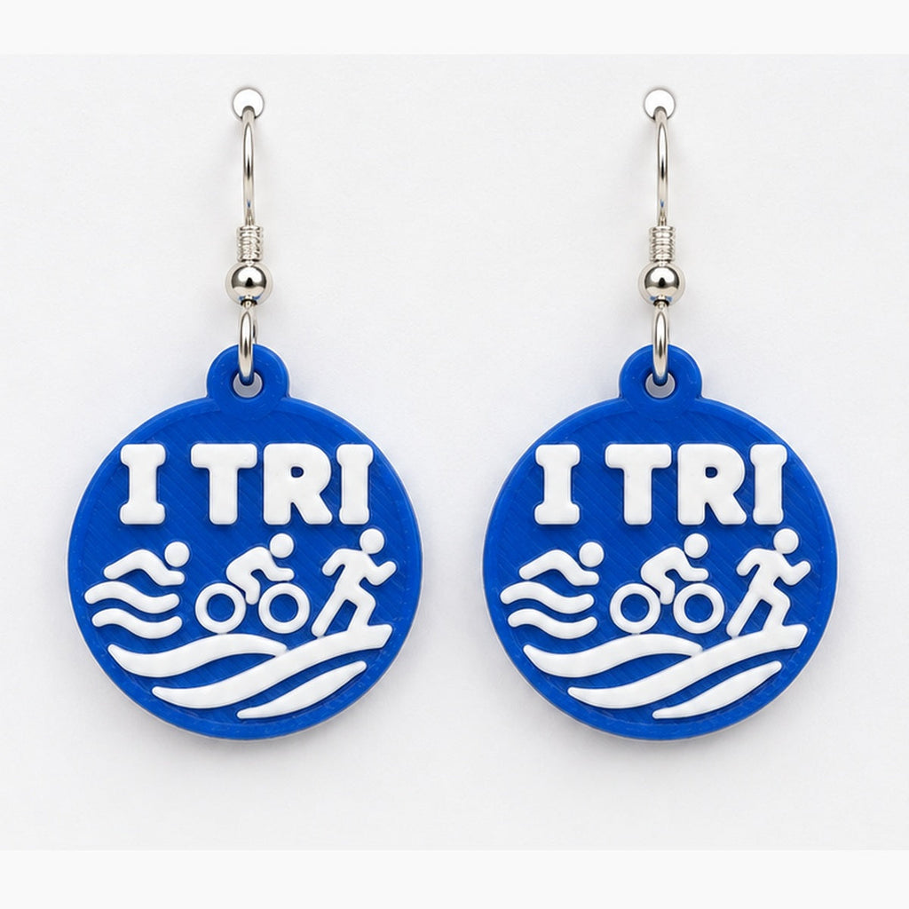 Close-up TRI earring pair with silver hooks
