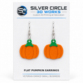 Flat pumpkin earrings on Silver Circle 3D Works backing card labeled Flat Pumpkin Earrings