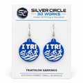 Blue TRI earrings with silver hooks mounted on Silver Circle 3D Works backing card